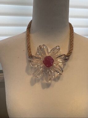 Zara Clear Flower Pendant Necklace with Pink Center on Natural Cord